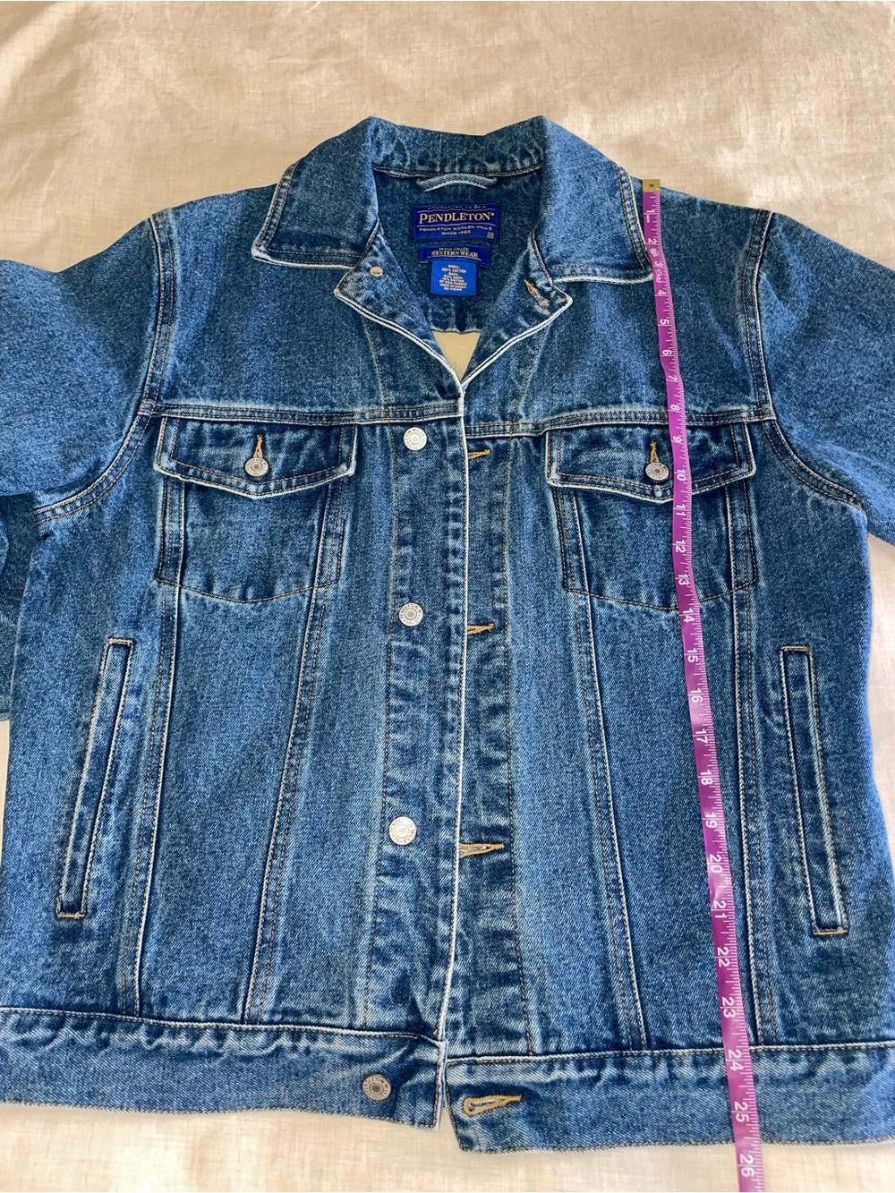 Pendleton Denim Jean Jacket Wool Aztec Geometric Panel Patch - Picture 8 of 13